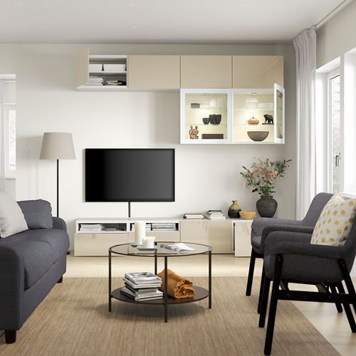 BESTÅ tv ünitesi, beyaz-parlak cila-bej, 240x42x231 cm, SELSVIKEN/GLASSVIK, çıt çıt raylı