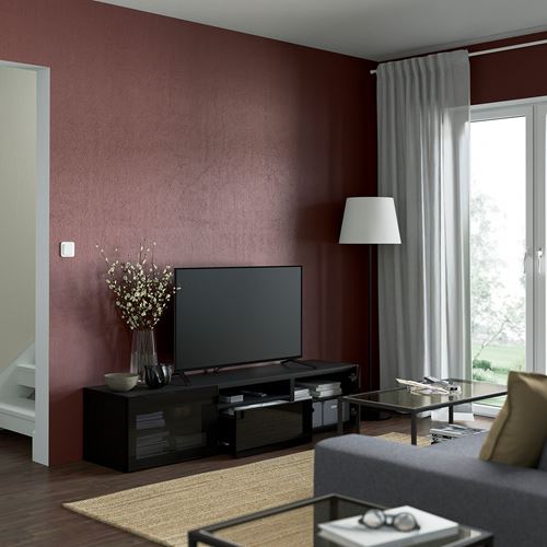 BESTÅ tv sehpası, venge-parlak cila-siyah-füme cam, 180x42x39 cm, SELSVIKEN/GLASSVIK