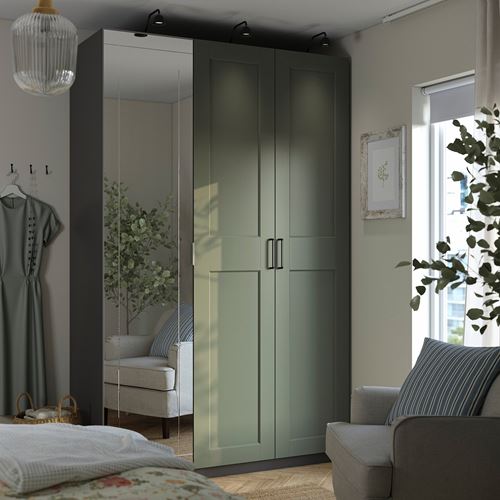 PAX/KAMMARTORP/GRIMO PAX gardırop, koyu gri-gri yeşil-aynalı cam, 150x60x236 cm