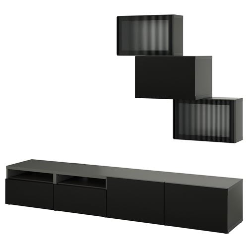 BESTÅ tv ünitesi, siyah, 240x42x190 cm, SELSVIKEN/FÄLLSVIK, çıt çıt raylı