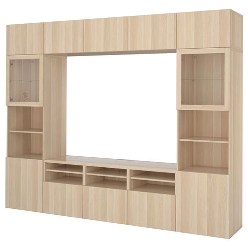 BESTÅ tv ünitesi, ağartılmış meşe görünümlü-beyaz meşe görünümlü-şeffaf cam, 300x42x231 cm, LAPPVIKEN/SINDVIK, çıt çıt raylı