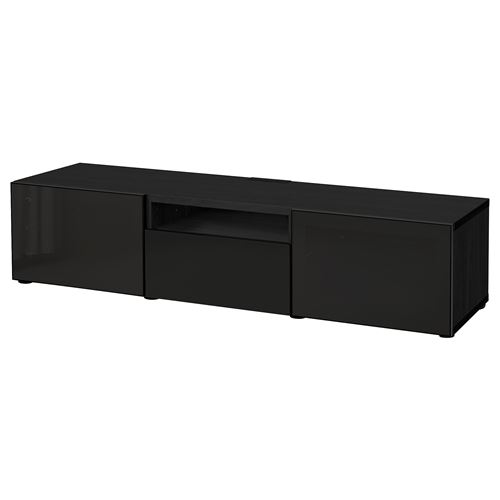 BESTÅ tv sehpası, venge-parlak cila-siyah-füme cam, 180x42x39 cm, SELSVIKEN/GLASSVIK, çıt çıt raylı