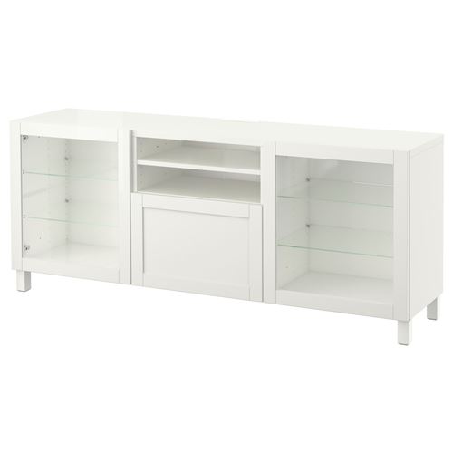 BESTÅ tv sehpası, beyaz-şeffaf cam, 180x42x74 cm, HANVIKEN/SINDVIK, çıt çıt raylı