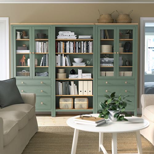 HEMNES vitrin, gri-yeşil-açık kahverengi boyalı, 270x197 cm