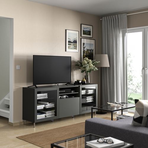 BESTÅ tv sehpası, koyu gri, 180x42x74 cm, SINDVIK/LAPPVIKEN, STUBBARP, fren raylı
