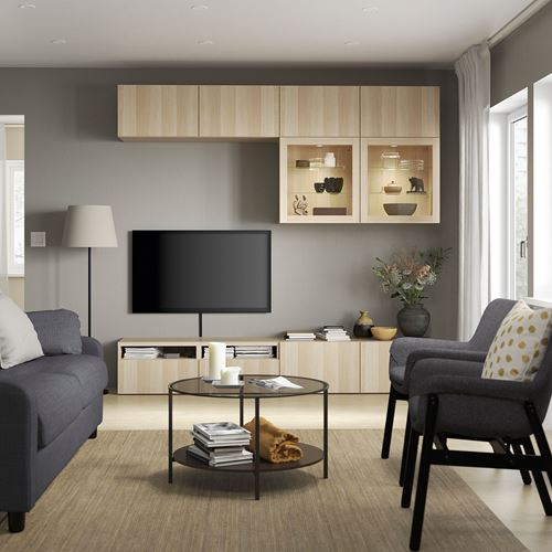 BESTÅ tv ünitesi, ağartılmış meşe görünümlü-beyaz meşe görünümlü-şeffaf cam, 240x42x231 cm, LAPPVIKEN/SINDVIK, fren raylı