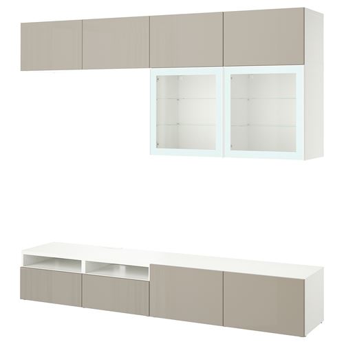 BESTÅ tv ünitesi, beyaz-parlak cila-bej, 240x42x231 cm, SELSVIKEN/GLASSVIK, çıt çıt raylı