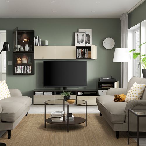 BESTÅ tv ünitesi, venge-parlak cila-bej-şeffaf cam, 300x42x211 cm, SELSVIKEN/GLASSVIK, fren raylı