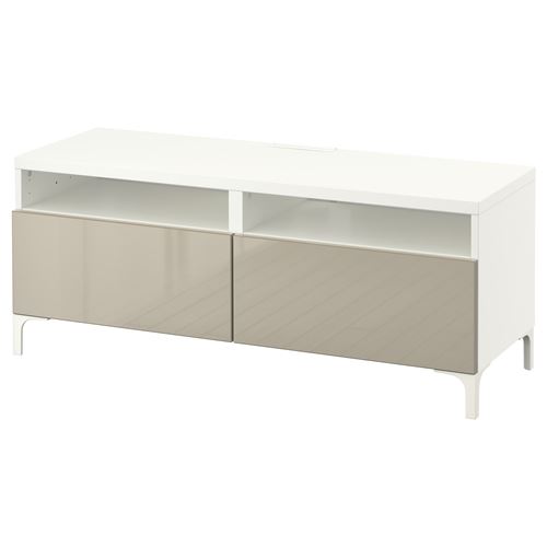 BESTÅ tv sehpası, beyaz-parlak cila-bej, 120x42x48 cm, SELSVIKEN, çıt çıt raylı