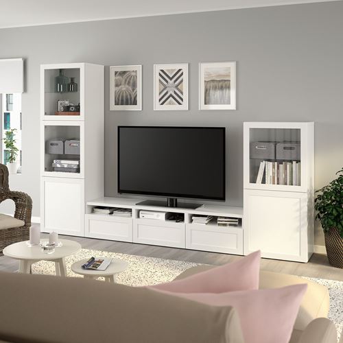 BESTÅ tv ünitesi, beyaz-şeffaf cam, 300x42x193 cm, HANVIKEN/SINDVIK, çıt çıt raylı