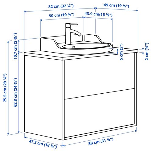 TÄNNFORSEN/TOLKEN/RUTSJÖN lavabo dolabı kombinasyonu, beyaz-siyah mermer görünüm, 82x49x76 cm, HAMNSKAR batarya