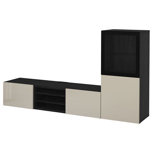 BESTÅ tv ünitesi, venge-parlak cila-bej-şeffaf cam, 240x42x129 cm, SELSVIKEN/GLASSVIK, fren raylı
