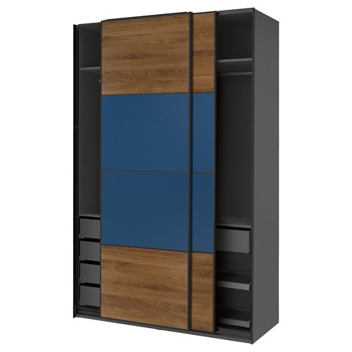 PAX/MEHAMN PAX sürgü kapaklı gardırop, koyu gri-siyah-ceviz-mavi, 150x66x236 cm