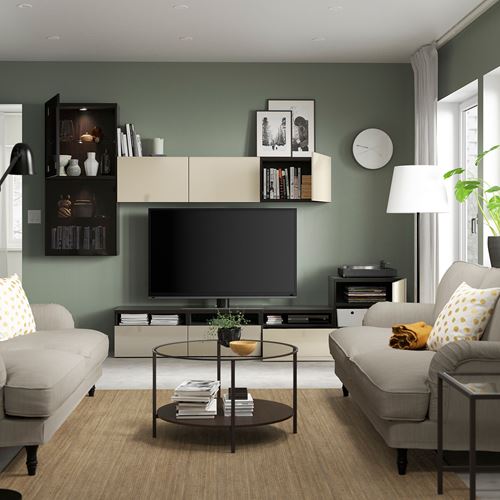 BESTÅ tv ünitesi, venge-parlak cila-bej-füme cam, 300x42x211 cm, SELSVIKEN/GLASSVIK, çıt çıt raylı