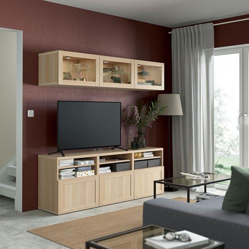 BESTÅ tv ünitesi, ağartılmış meşe görünümlü-beyaz meşe görünümlü-şeffaf cam, 180x42x192 cm, HANVIKEN/SINDVIK, fren raylı