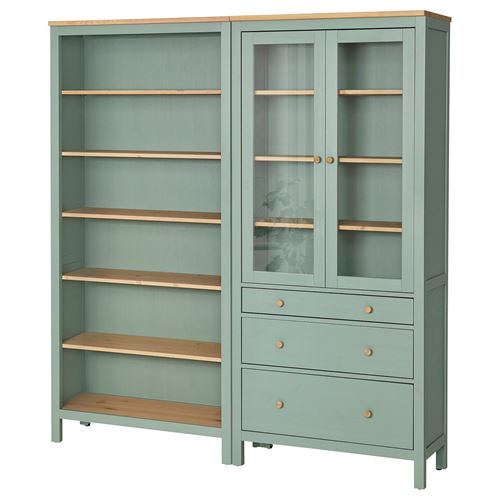 HEMNES vitrin, gri-yeşil-açık kahverengi boyalı, 180x197 cm