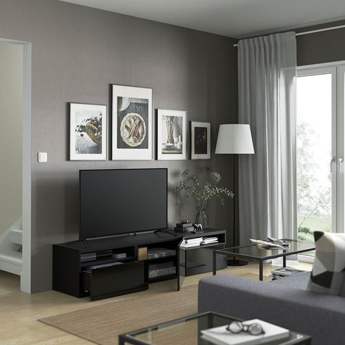 BESTÅ tv sehpası, venge-parlak cila-siyah, 180x42x39 cm, SELSVIKEN, çıt çıt raylı