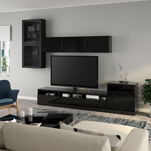 BESTÅ tv ünitesi, venge-parlak cila-siyah-füme cam, 300x42x211 cm, SELSVIKEN/GLASSVIK, çıt çıt raylı