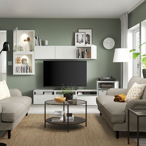 BESTÅ tv ünitesi, beyaz-şeffaf cam, 300x42x211 cm, LAPPVIKEN/SINDVIK, çıt çıt raylı