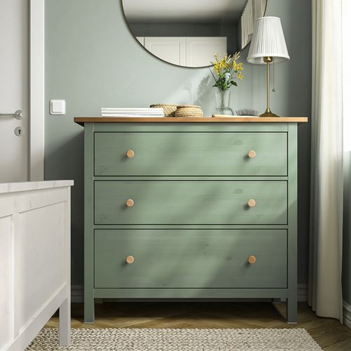 HEMNES 3 çekmeceli şifonyer, gri-yeşil-açık kahverengi, 108x96 cm