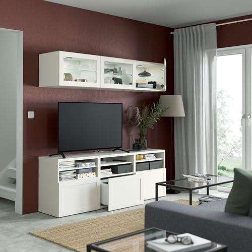 BESTÅ tv ünitesi, beyaz-şeffaf cam, 180x42x192 cm, HANVIKEN/SINDVIK, fren raylı