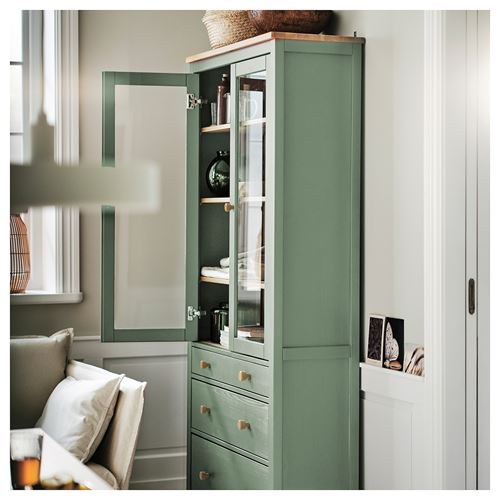 HEMNES vitrin, gri-yeşil-açık kahverengi, 90x197 cm