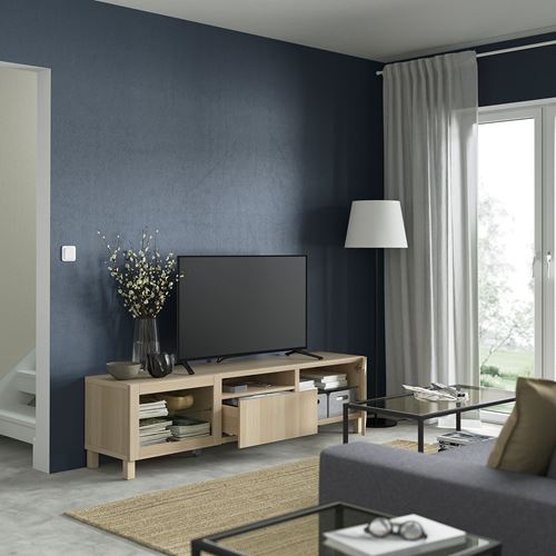 BESTÅ tv sehpası, ağartılmış meşe görünümlü-beyaz meşe görünümlü-şeffaf cam, 180x42x48 cm, LAPPVIKEN/SINDVIK, çıt çıt raylı