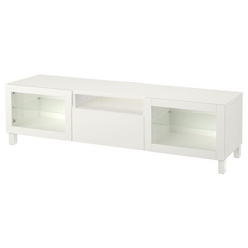 BESTÅ tv sehpası, beyaz-şeffaf cam, 180x42x48 cm, LAPPVIKEN/SINDVIK, çıt çıt raylı