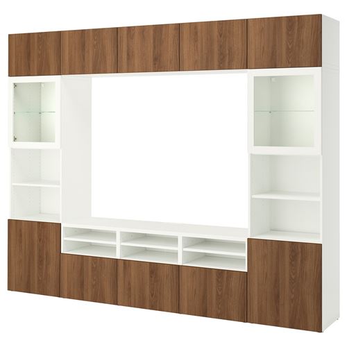 BESTÅ tv ünitesi, beyaz-ceviz görünüm, 300x42x231 cm, LAPPVIKEN/SINDVIK, çıt çıt raylı