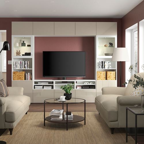 BESTÅ tv ünitesi, beyaz-parlak cila-bej, 300x42x231 cm, SELSVIKEN/GLASSVIK, çıt çıt raylı