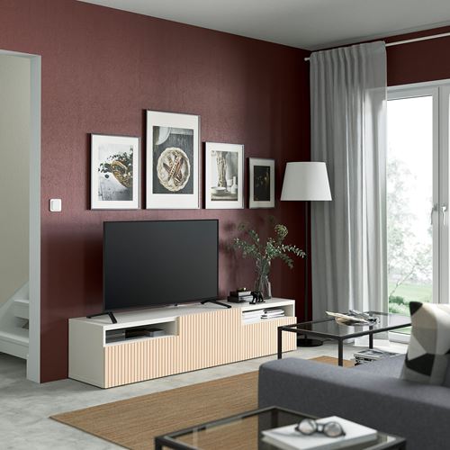 BESTÅ tv sehpası, beyaz-huş kaplama, 180x42x39 cm, BJORKOVIKEN, fren raylı
