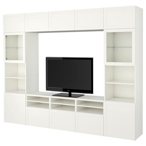 BESTÅ tv ünitesi, beyaz-şeffaf cam, 300x42x231 cm, HANVIKEN/SINDVIK, fren raylı