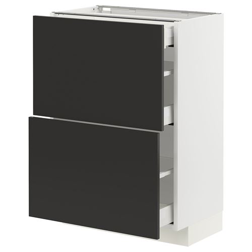 METOD/MAXIMERA çekmeceli alt dolap, NICKEBO mat antrasit, 60x37 cm, 3 çekmeceli ve 2 ön panelli
