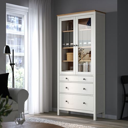 HEMNES vitrin, beyaz vernik-açık kahverengi, 90x197 cm
