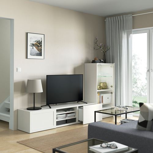 BESTÅ tv ünitesi, beyaz-şeffaf cam, 240x42x129 cm, HANVIKEN/SINDVIK, çıt çıt raylı