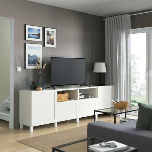 BESTÅ tv sehpası, beyaz, 240x42x74 cm, HANVIKEN, çıt çıt raylı