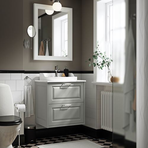 TÄNNFORSEN/TOLKEN/RUTSJÖN lavabo dolabı kombinasyonu, açık gri-beyaz mermer görünüm, 62x49x76 cm, VOXNAN batarya