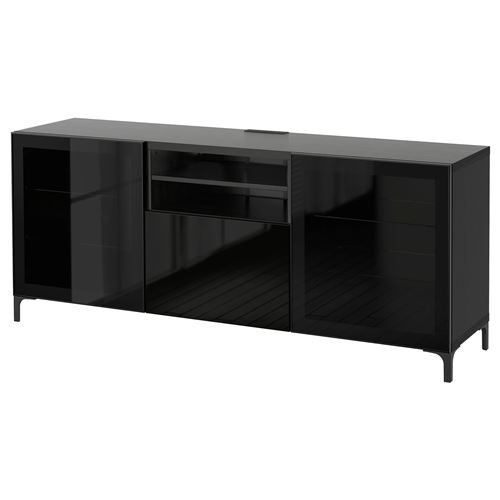 BESTÅ tv sehpası, venge-siyah-şeffaf cam, 180x40x74 cm, SELSVIKEN/GLASSVIK, fren raylı
