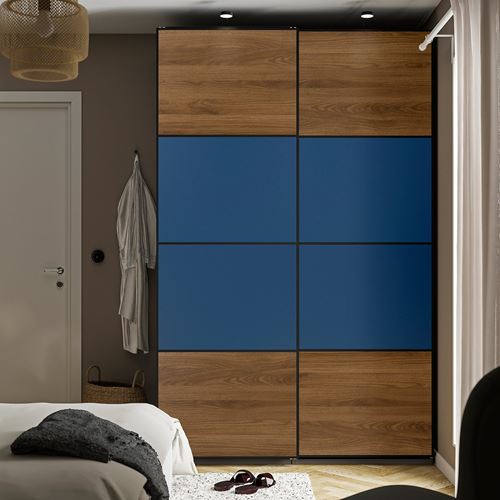 PAX/MEHAMN PAX sürgü kapaklı gardırop, koyu gri-siyah-ceviz-mavi, 150x66x236 cm