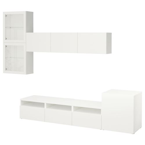 BESTÅ tv ünitesi, beyaz-şeffaf cam, 300x42x211 cm, LAPPVIKEN/SINDVIK, çıt çıt raylı