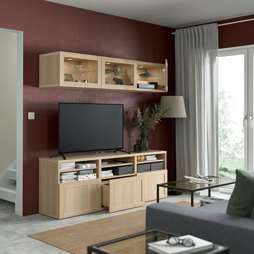 BESTÅ tv ünitesi, ağartılmış meşe görünümlü-beyaz meşe görünümlü-şeffaf cam, 180x42x192 cm, HANVIKEN/SINDVIK, çıt çıt raylı