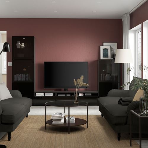 BESTÅ tv ünitesi, venge-parlak cila-siyah-füme cam, 300x42x193 cm, SELSVIKEN/GLASSVIK
