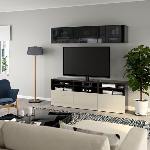 BESTÅ tv ünitesi, venge-parlak cila-bej-füme cam, 180x42x192 cm, SELSVIKEN/GLASSVIK, çıt çıt raylı