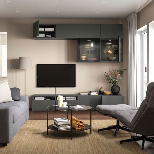 BESTÅ tv ünitesi, koyu gri, 240x42x231 cm, LAPPVIKEN/FÄLLSVIK, fren raylı