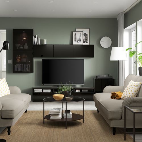 BESTÅ tv ünitesi, venge-parlak cila-siyah-füme cam, 300x42x211 cm, SELSVIKEN/GLASSVIK, çıt çıt raylı