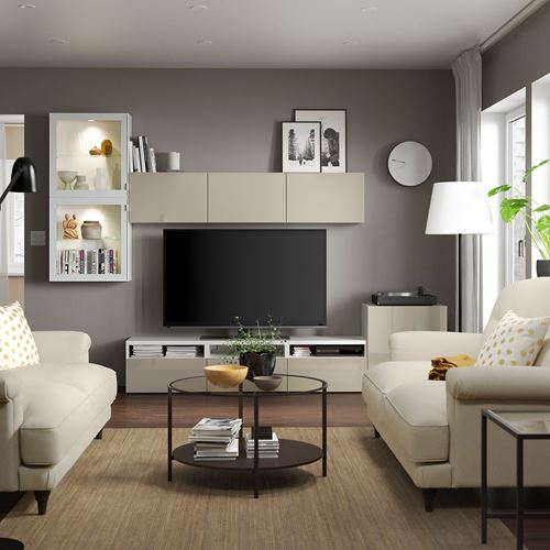 BESTÅ tv ünitesi, beyaz-parlak cila-bej, 300x42x211 cm, SELSVIKEN/GLASSVIK, çıt çıt raylı