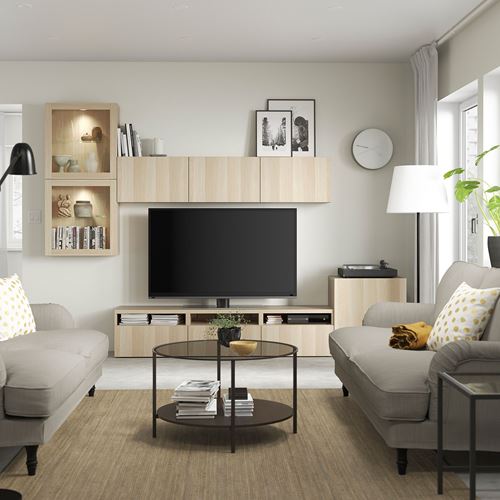 BESTÅ tv ünitesi, ağartılmış meşe görünümlü-beyaz meşe görünümlü-şeffaf cam, 300x42x211 cm, LAPPVIKEN/SINDVIK, çıt çıt raylı