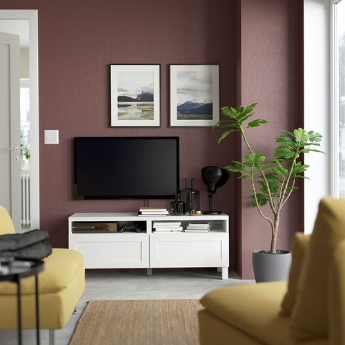 BESTÅ tv sehpası, beyaz, 120x40x48 cm, HANVIKEN, fren raylı