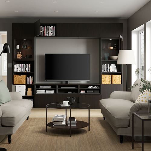 BESTÅ tv ünitesi, venge-siyah-kahverengi-şeffaf cam, 300x42x231 cm, LAPPVIKEN/SINDVIK, fren raylı