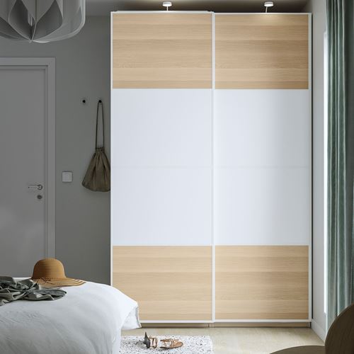 PAX/MEHAMN PAX sürgü kapaklı gardırop, beyaz-ağartılmış meşe görünümlü, 150x66x236 cm